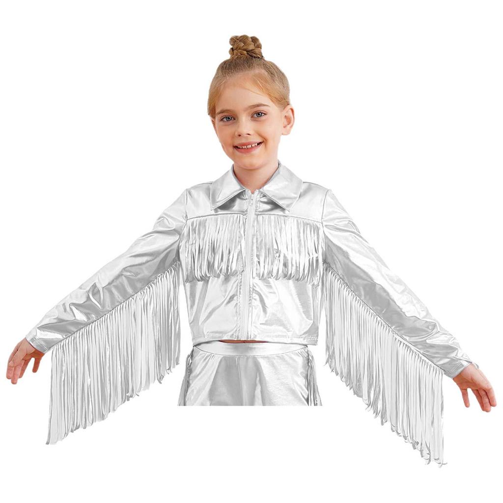 Girls Dance Jacket Metallic Tassel Design Turn Down Collar Long Sleeve Zipper Fringe Party Top