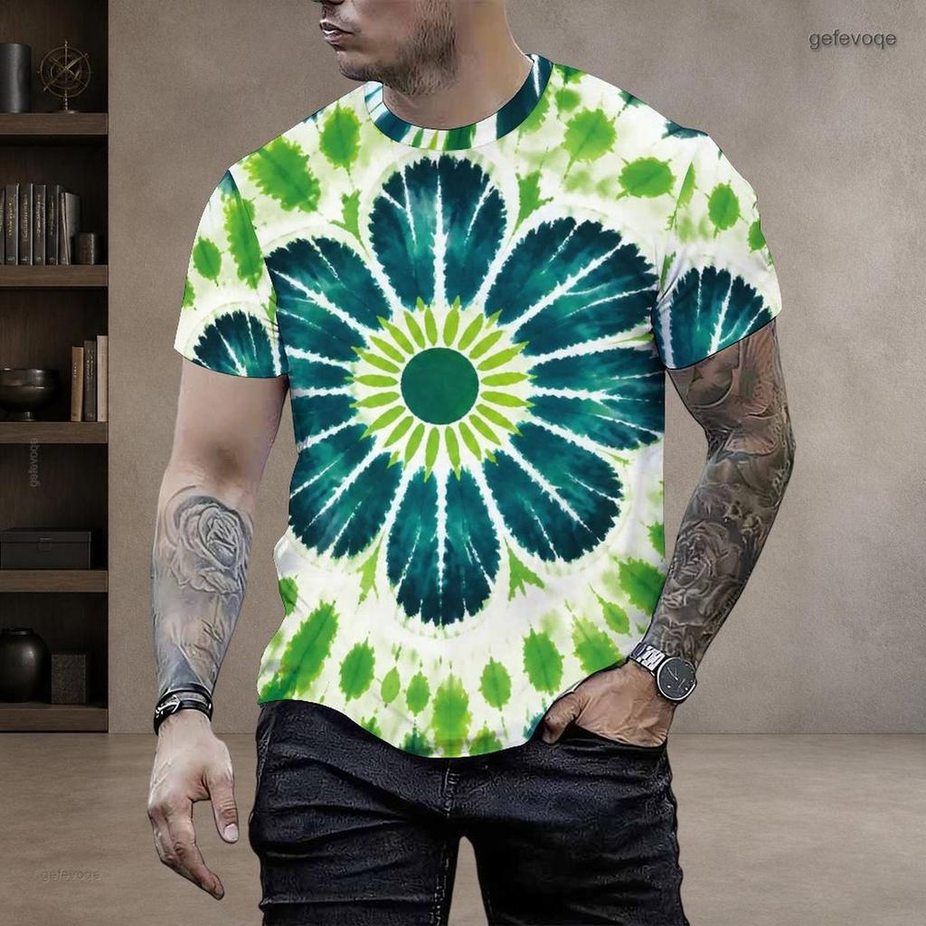 Men Plus Size Round Neck Short Sleeve Dark Green Clover Printed T Shirt