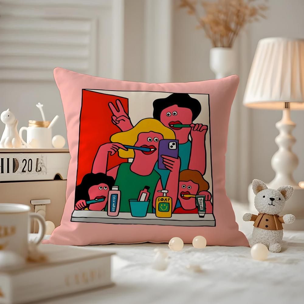 Funny FriendsCartoon Illustrations Cushion Cover Anti-dustmite Pillowcase Invisible Zipper Silky Short Plush Sofa Cushion Cover