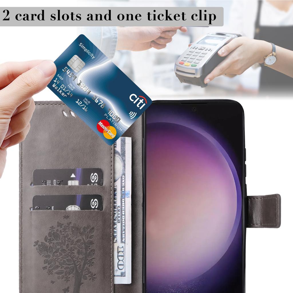 For Samsung Galaxy S24 Ultra Phone Case with Stand Cat Tree Pattern Leather Wallet Mobile Cover