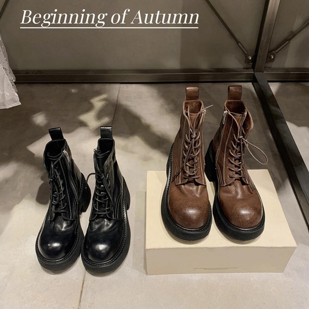 Cowhide Version~ Grape Mother Leather Shrink-grain Horse Leather Lace-up Thick Heel Thick-soled Martin Short Boots Women's British Style Short Bo