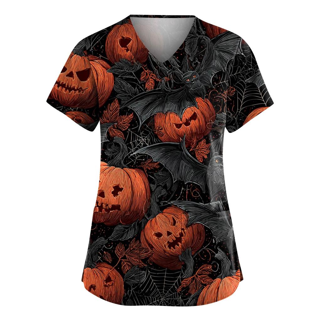 Damenmode V-Ausschnitt Kurzarm Overalls mit Taschen Halloween Bedruckte Oberteile Bekleidung
