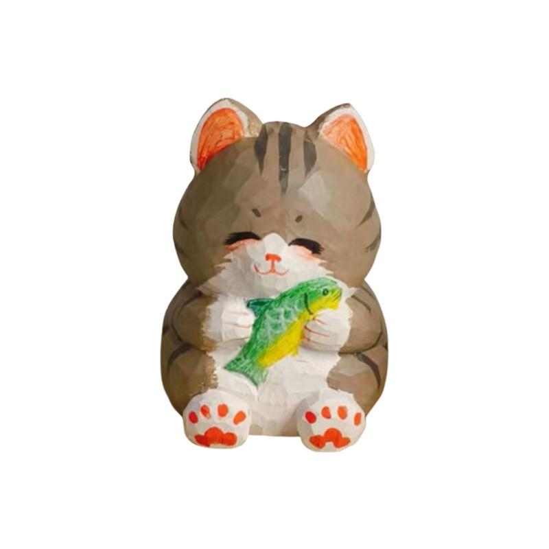 Wooden Lucky Cat Craft Decor With Cute Design For Home Office And Car Interior