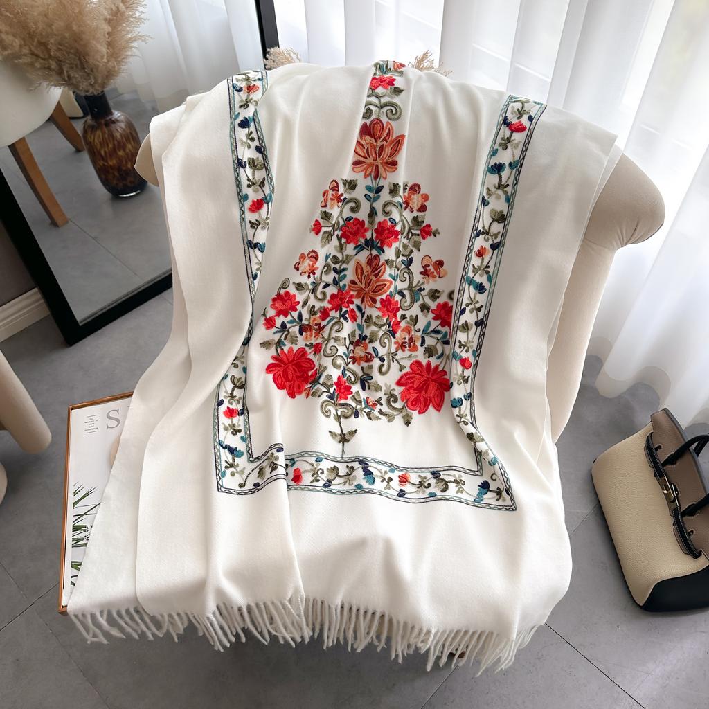 Fashion Luxury Embroidery Scarf Elegant Women Winter Thick Warm Neck Pashmina Long Fringe Scarves Lady Blanket Soft Shawl