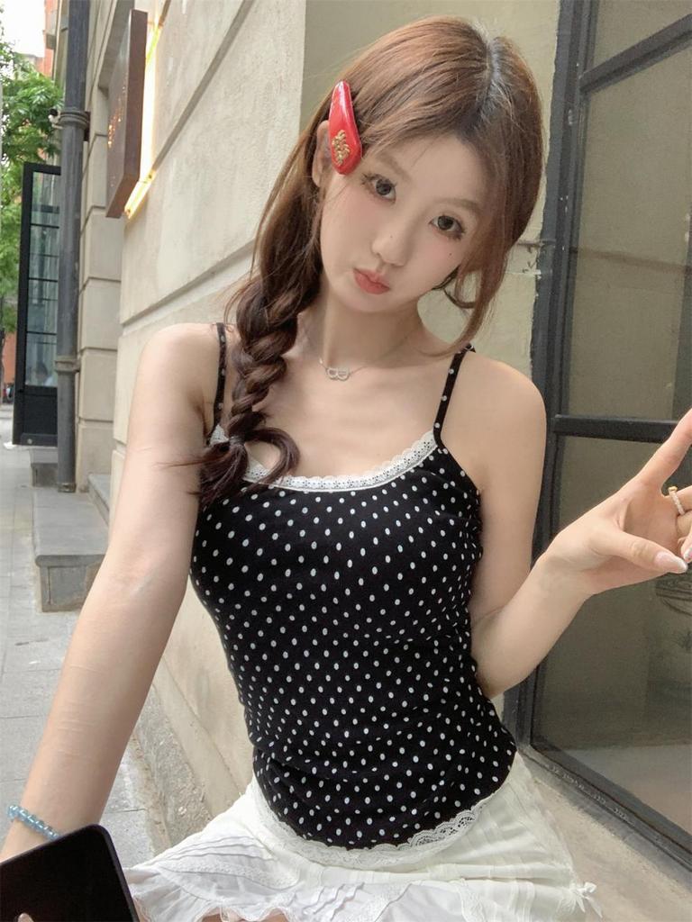 Summer Korean Style Polka Dot Lace Splice Cotton Camisole Top