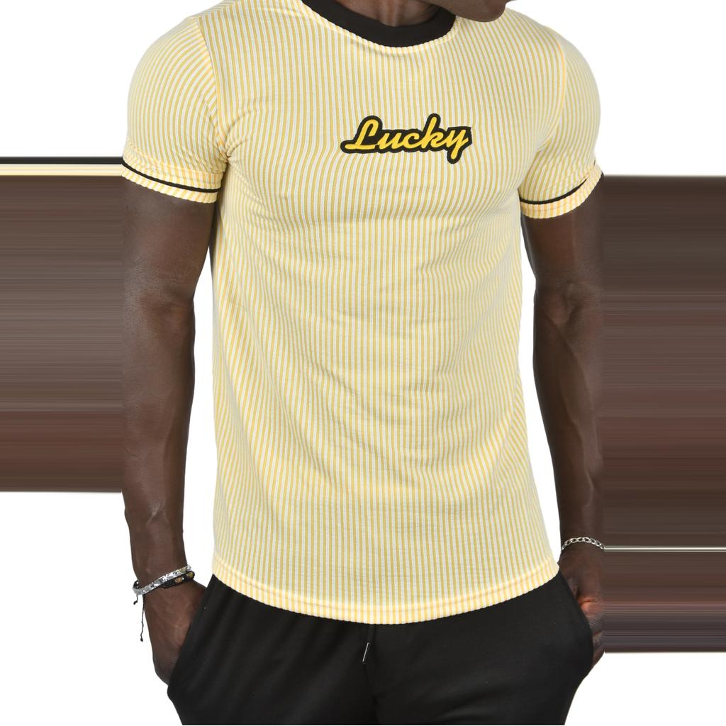 DeepSEA Slim Fit Lycra Striped Collar and Striped Sleeves Lucky Text T-Shirt 2403201