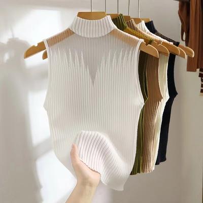 Top in Maglia a Rete da Donna Y2K Canottiera Mezzo Collo Gilet Maglione Senza Maniche Femminile Chic con Tagli Streetwear Solido Aderente Top a Tubino