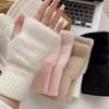 Gants d'hiver doux à demi-doigts pour femmes, chauds, luxueux, solides, blancs, en peluche, tricotés, sans doigts, mitaines pour poignet, écriture