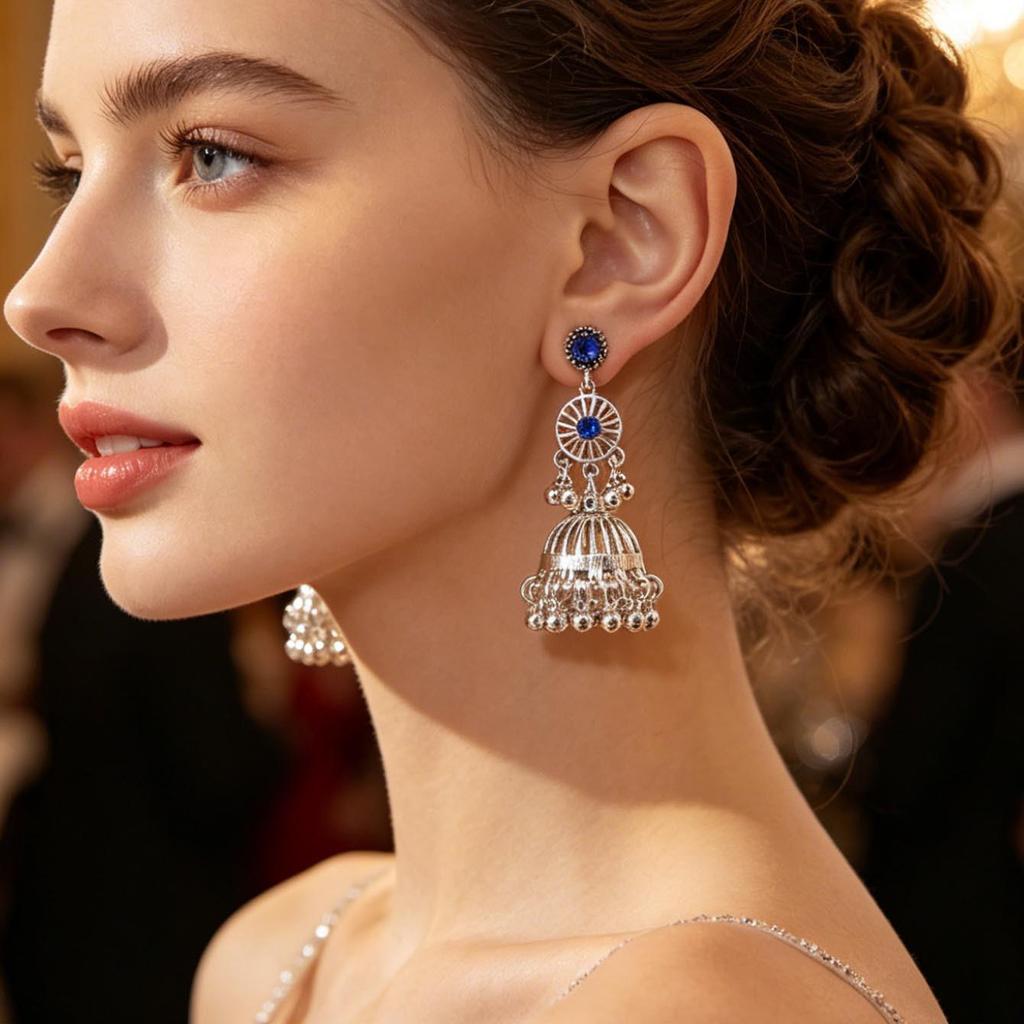 European-Indian Style Antique Silver Hollow Bell Tassel Dangle Earrings