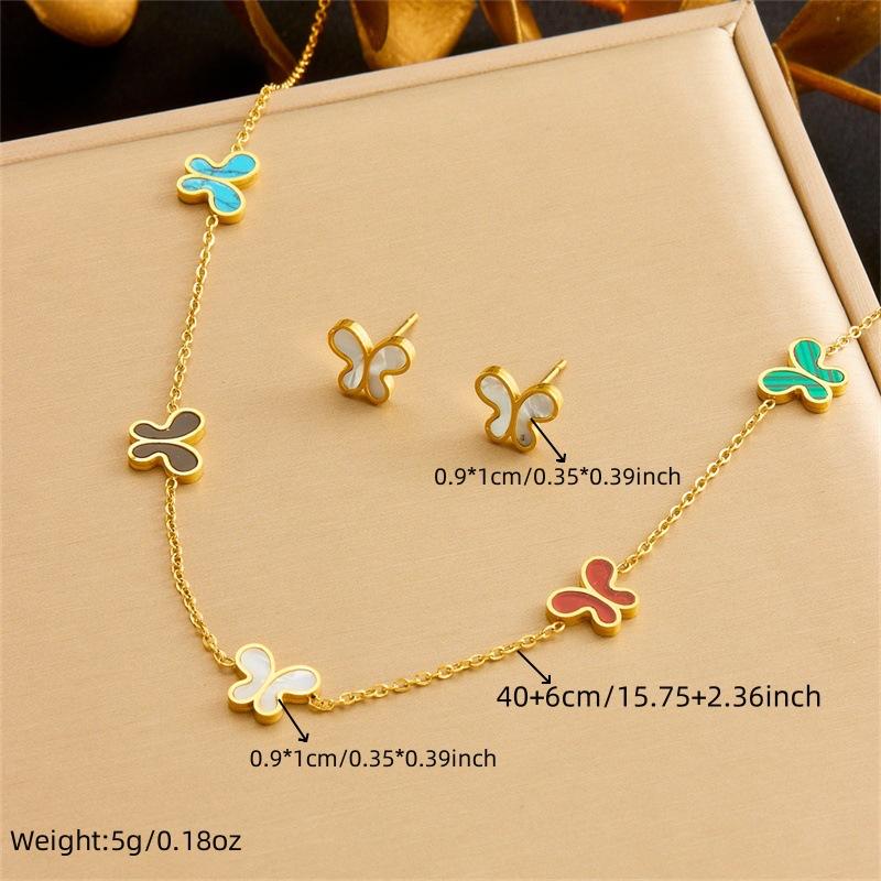 Gold Plated Colorful Enamel Butterfly Necklace Earrings Set, Stainless Steel Dainty Jewelry Set for Women Gift