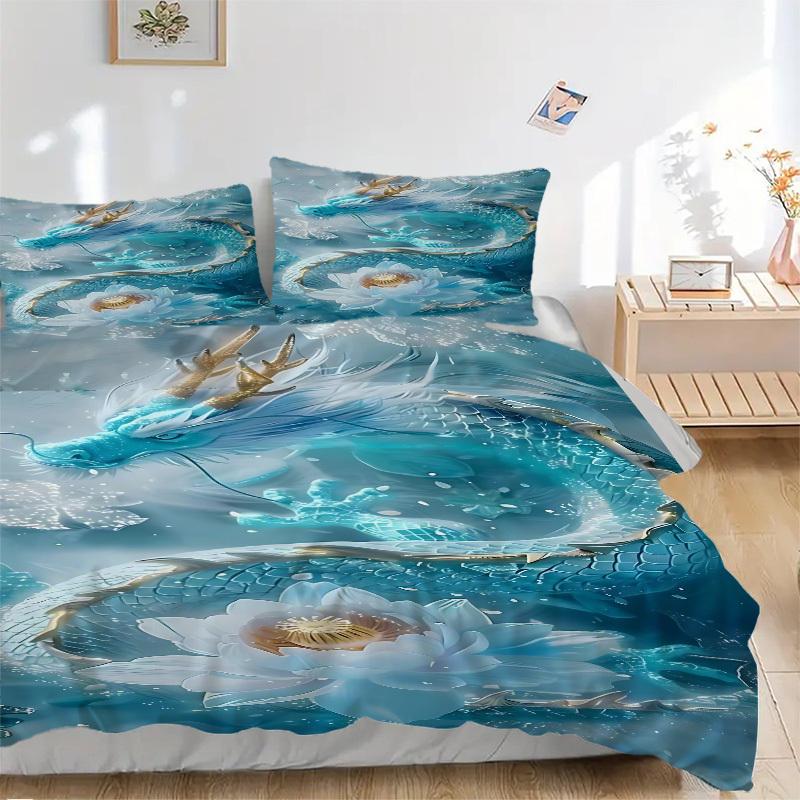 

3PCs Dragon, Lotus Flower Design Cover Set, Breathable Fabric, Machine Washable (1 Duvet Cover + 2 Pillowcases) (Without Quilt) yy250911122 135x200cm