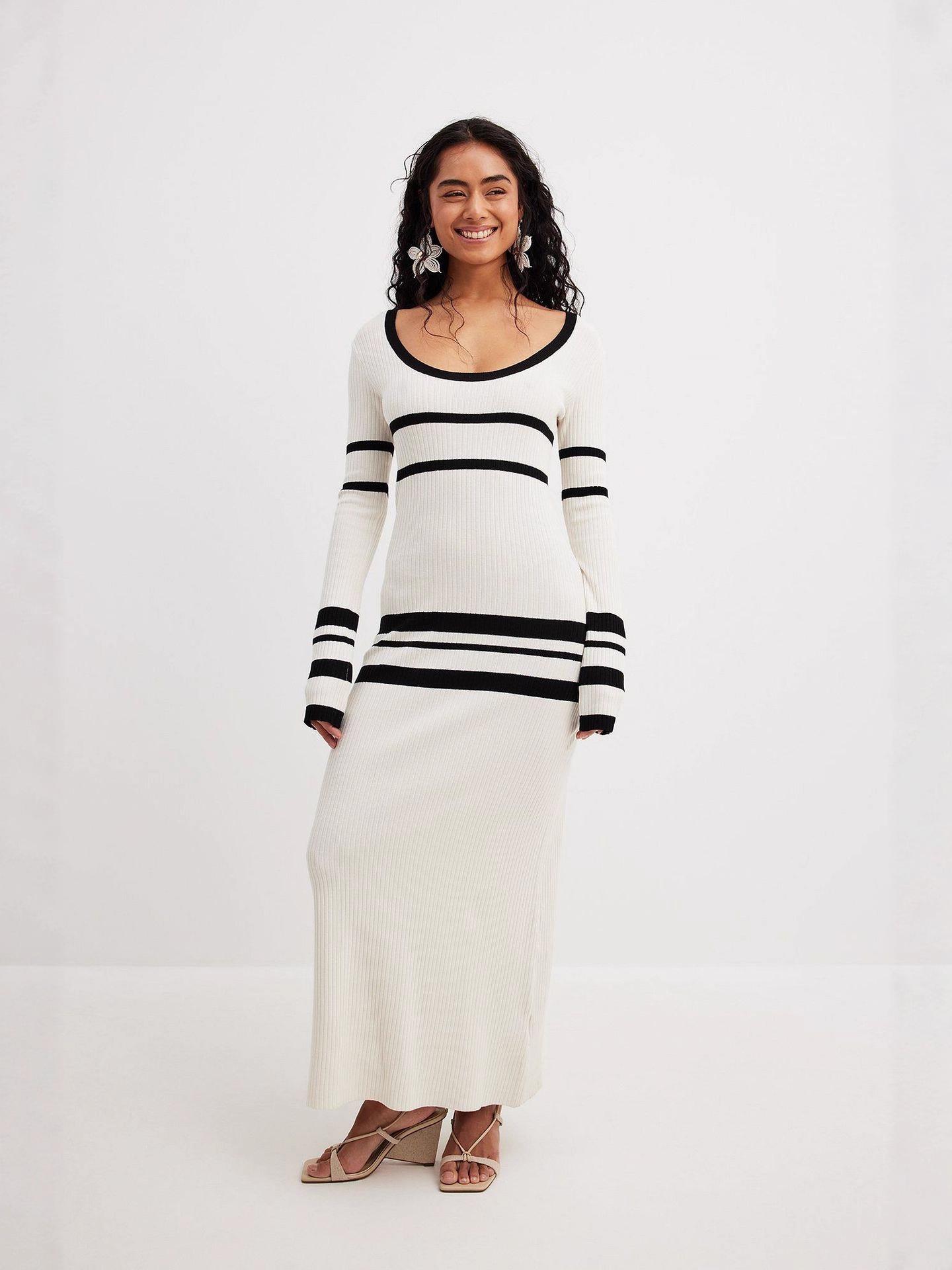 2026 Women s Color Block Round Neck Hollow Out Long Sleeve Slim Knit Dress Large белый