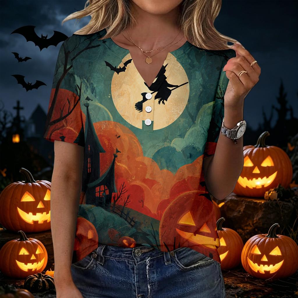 Women's Casual Halloween Print V Neck Short Sleeve Button Down T Shirt