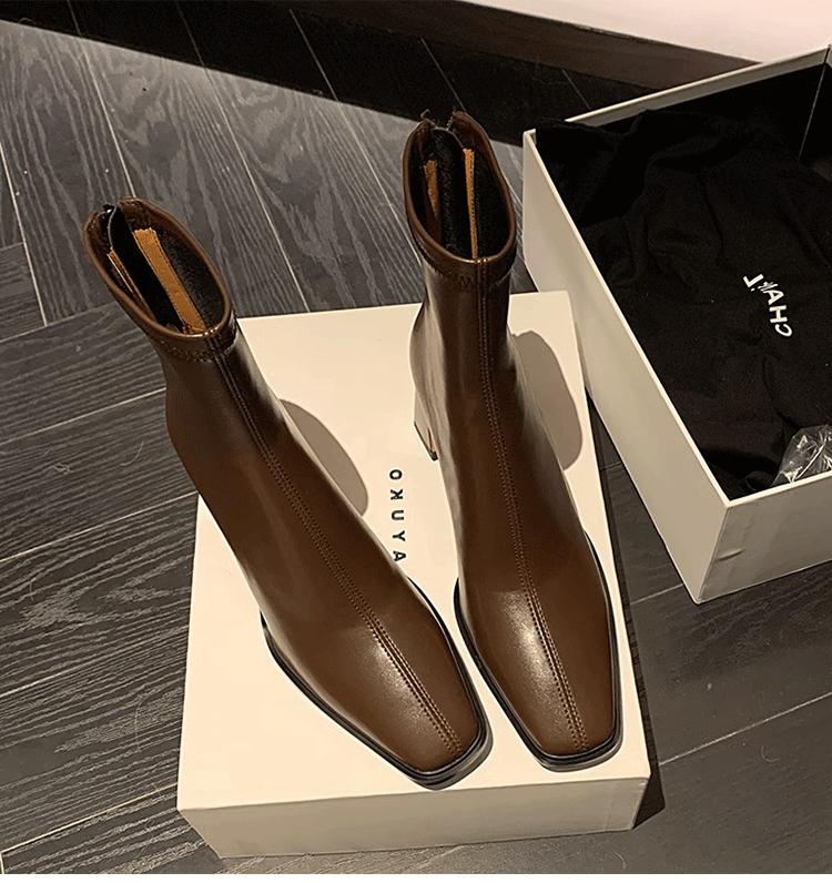 

Brown splicing short boots women s high heel thick heel rear zipper square head 2025 new winter Korean version elastic thin boots 40 коричневий