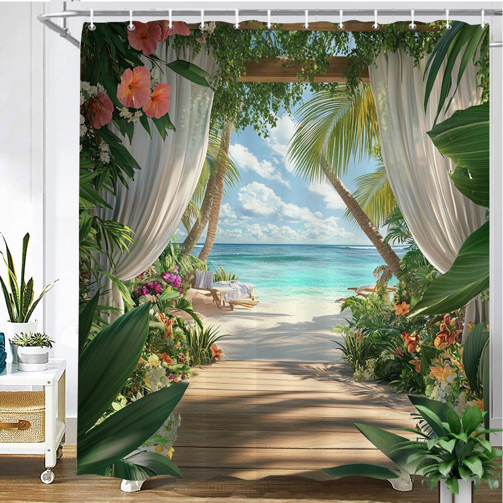 Garden Flowers Beach and seaside scenery style printed fabric shower curtain bathroom curtain,home decoration curtain with hooks
