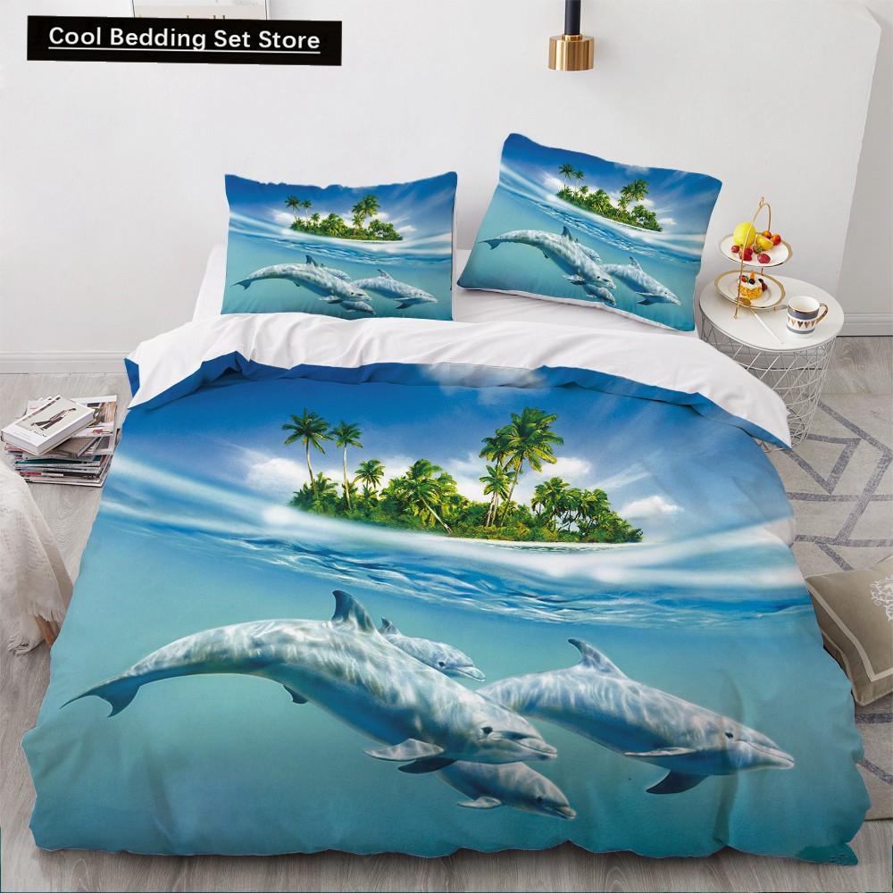 Comforter Dolphin Ocean King Queen Cute 3D Sea Animal Bedding Set For Kids Teens Adults Shoal Of Fish Blue 2/3Pcs