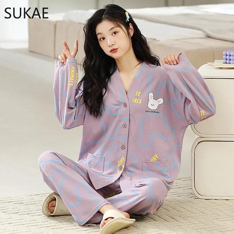 SUKAE New M-5XL Autumn Winter New Cotton Women Pajamas Lady Pijamas Set Loungewear Kimono Cardigan Long Sleeves V-neck Homesuit