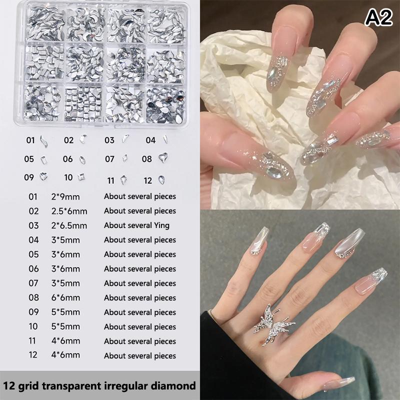 12 Grids 3D Nails Charms Mixed Special-Shaped Diamonds Flat Bottom Diamonds Pearl Sequins Butterfly Diy Manicure Parts