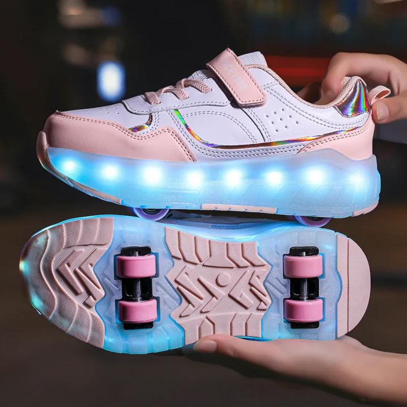 NEW Children's Roller Skating Shoes 4 Wheel LED Skating Shoes 2 in 1 Removable Pulley Skate Skating Parkour Sneaker with Wheels