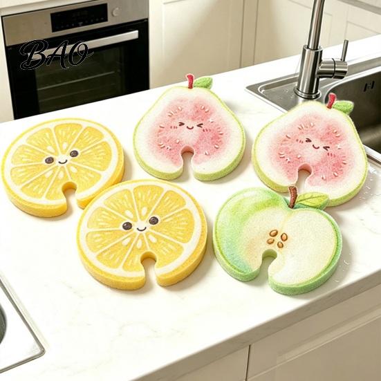Multi Purpose Kitchen Scrubbers 2PCS Fruit Shaped Dishwashing Sponges, Pears/Oranges/Apples Shape, Wood Gadgets for Cleaning Pulp Cellulose