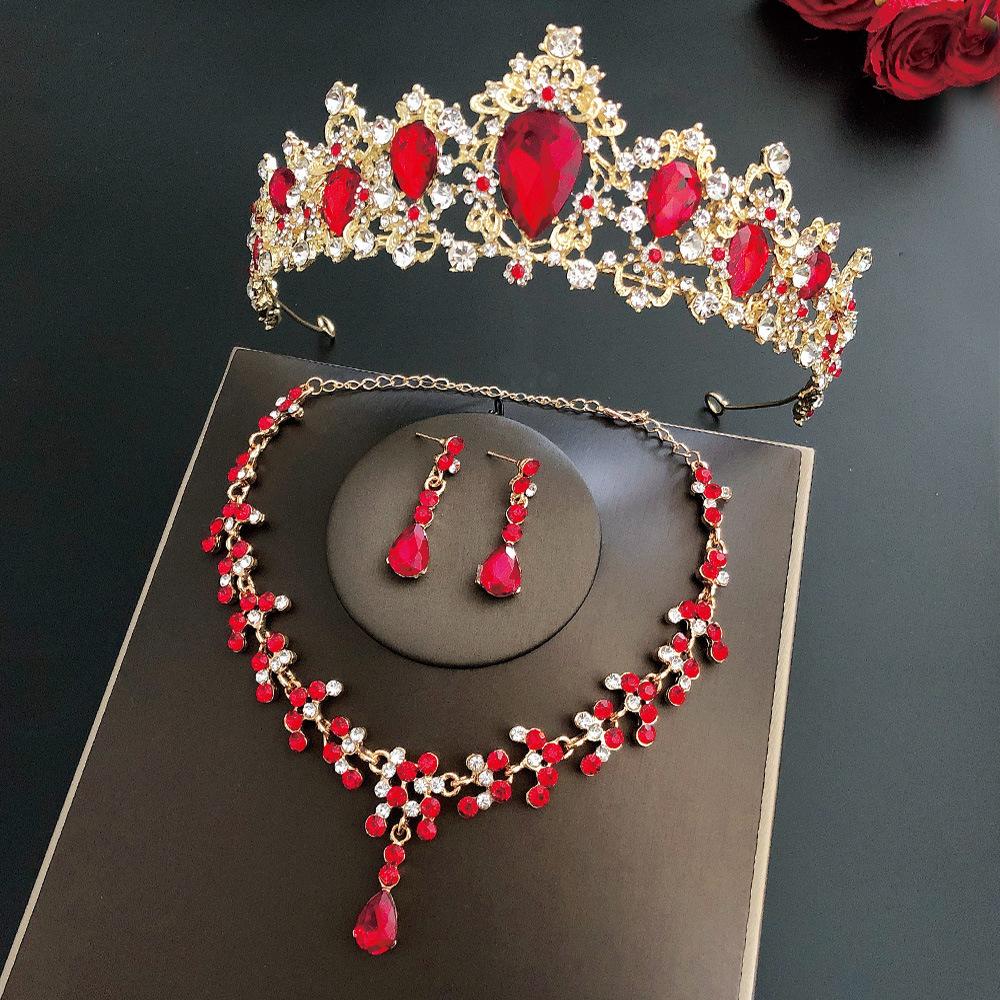 

Atmospheric Red Bridal Suit Three Piece Necklace Earrings Crown Tiara Wedding Accessories Birthday Crown Female Hair Accessories