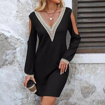 Autumn and Winter Elegant Women's Dress Solid Color Lace Lace V-neck Hollow Long-sleeved Dress