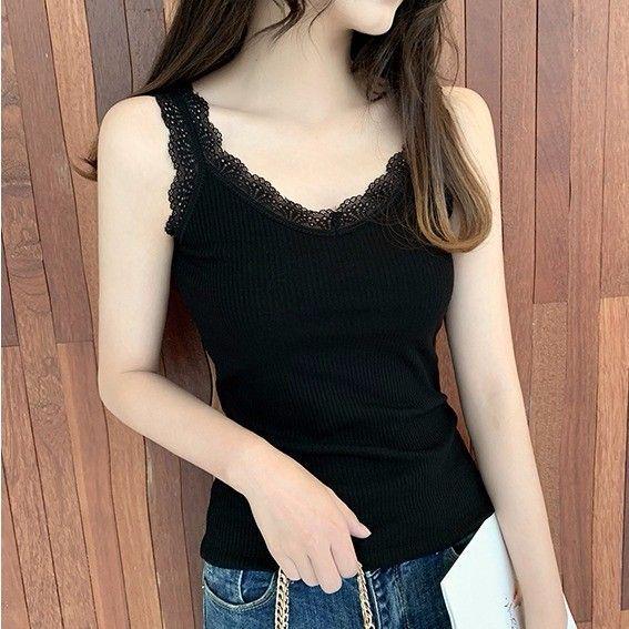 Lace Splicing V-neck Camisole for Women - Slim-fit Sleeveless Top L (40-57 kg)