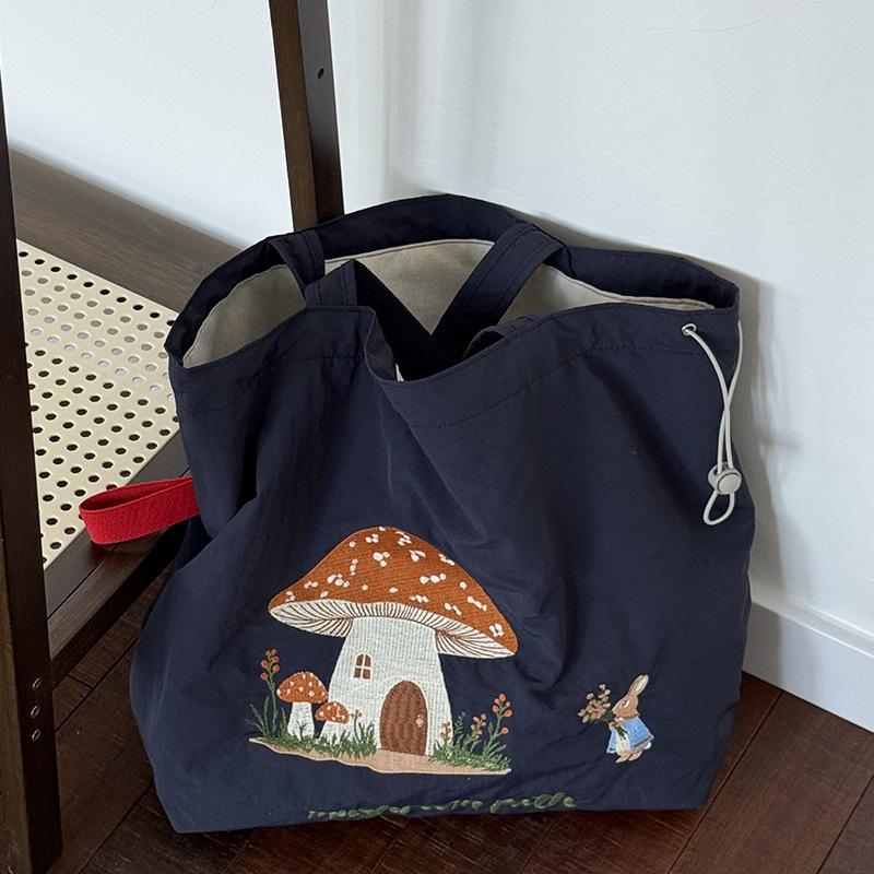 Cute Embroidery Drawstring Shoulder Bags for Women Large Capacity Versatile Ladies Tote Portable Student Girls Shopping Bag