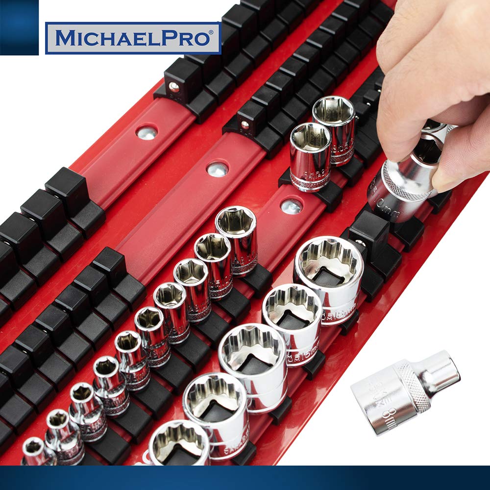 MichaelPro Portable Socket Organizer Tray with Premium Red Steel Rails for and Drive Rack for Easy Organization 80-Piece 1/4", 3/8", 1/2" Sockets,