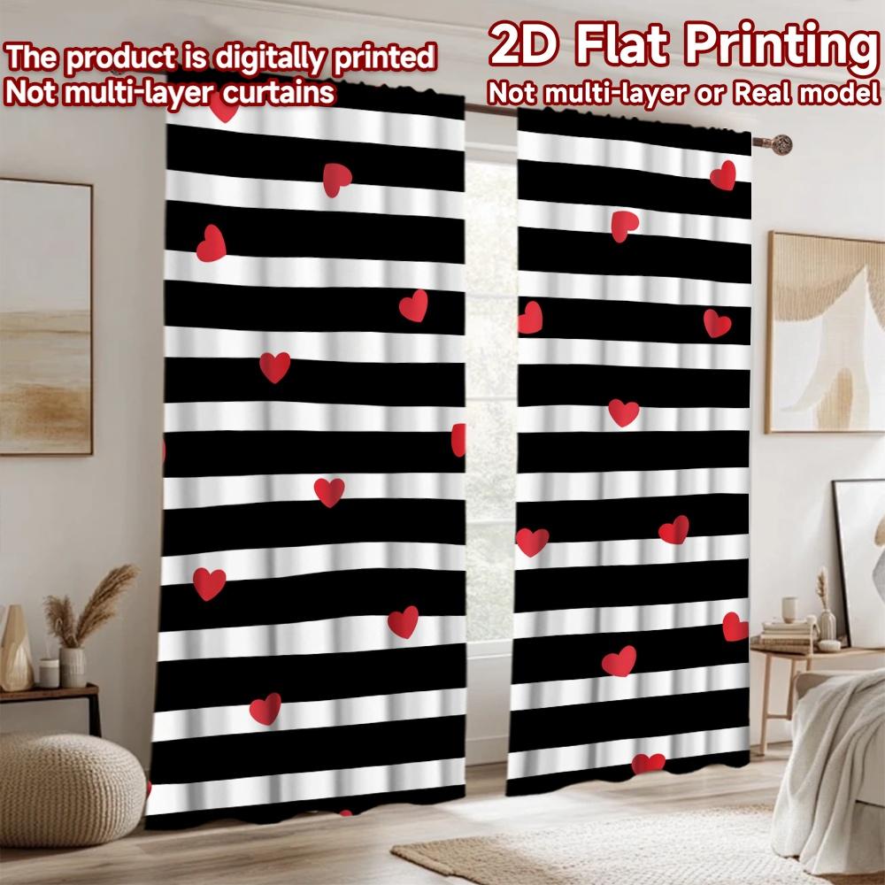 2D flat printing 2pcs Curtain Scene Curtain Valentine's Day Hearts Stripes Digital Printed Polyester Drapes Holiday Decorations