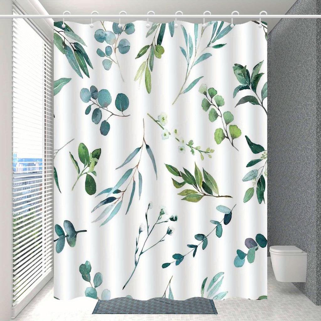 1 piece Nordic green leaf pattern shower curtain, polyester fabric, machine washable, suitable for bathroom decoration