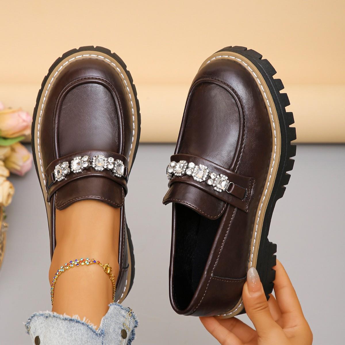 

Женские лоферы широкой полноты, украшенные жемчугом, модные оксфорды однотонной расцветки, нарядные слипоны в европейском стиле 43 коричневый