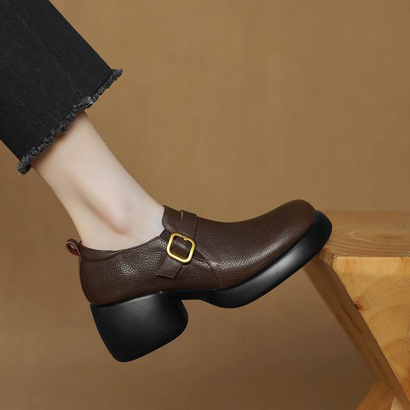 Krazing Pot cow skin Autumn Winter Shoes Metal Buckle Loafers chunky Heels Slip on Size 43 Round Toe Slip on Deep Mouth Pumps