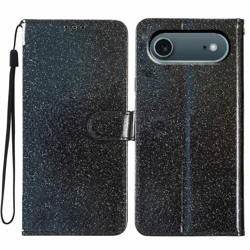 For iPhone 17 Air Wallet Case Glitter Anti-Scratch Leather Stand Phone Cover with Strap