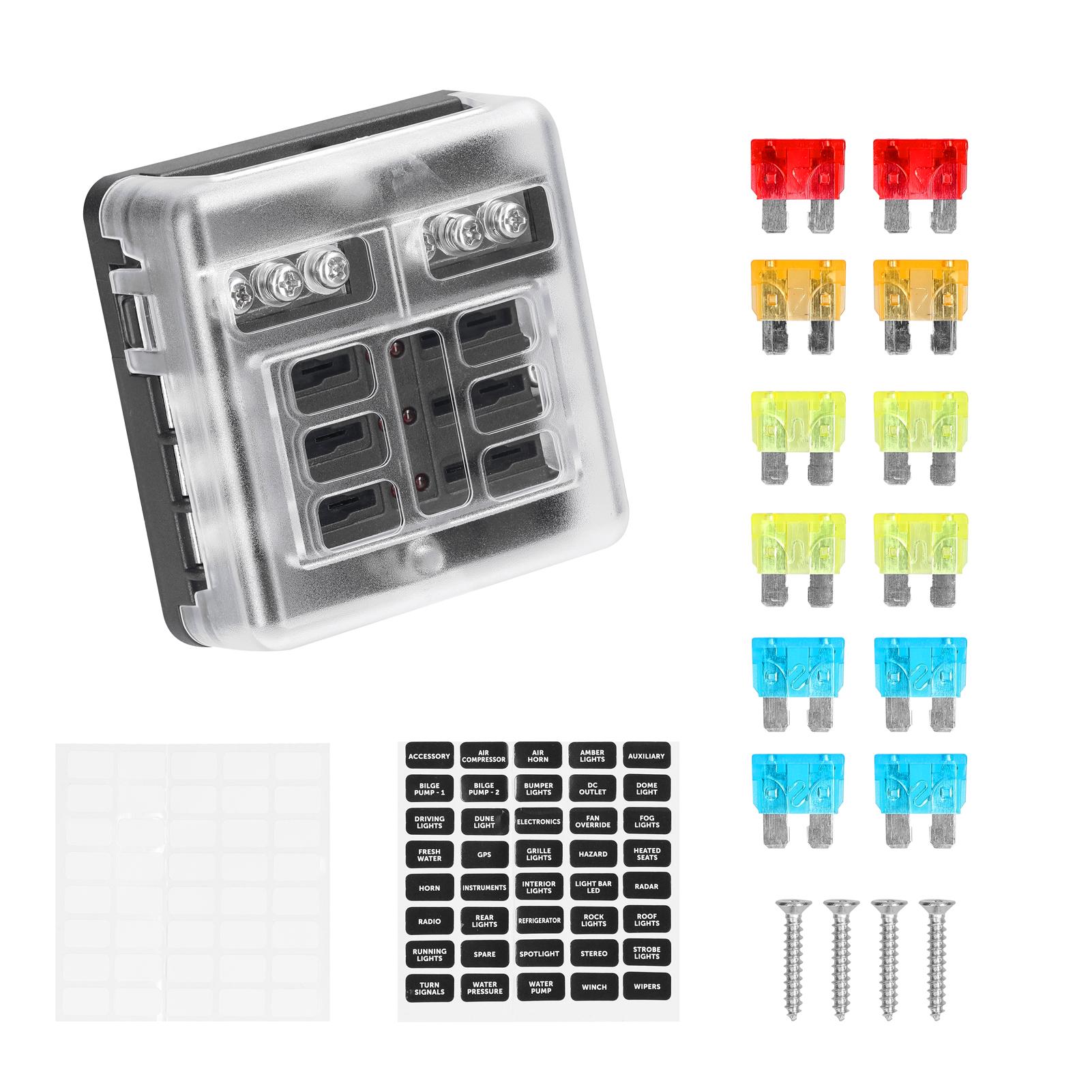 

Блок предохранителей с положительным и отрицательным анодом, прозрачная крышка, держатель предохранителей со светодиодным индикатором 12 Ways разноцветный