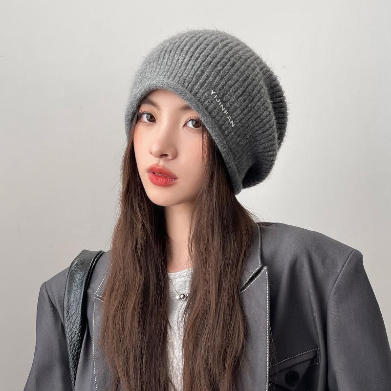 

Hat Women s Autumn and Winter Warm and Windproof Knitted Wool Hat Fashion Rabbit Hair Stacking Hat Ear Protector Crimping Hat One Size