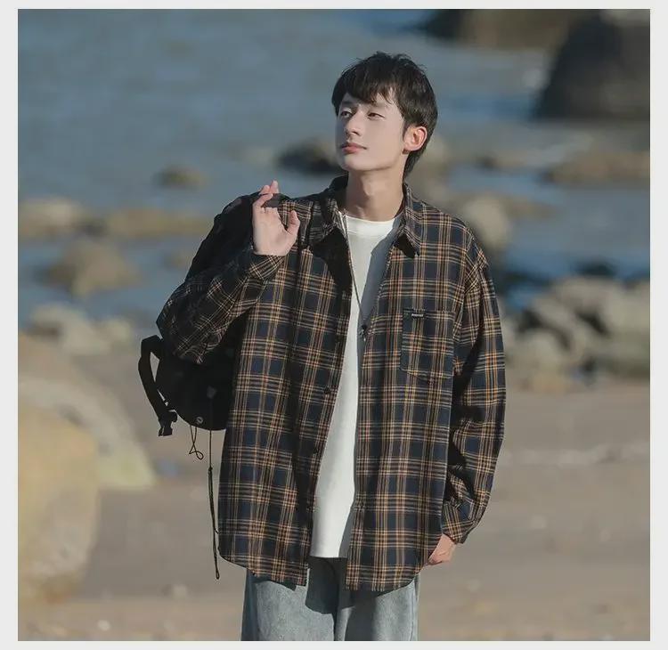 Men's 2023 Retro Japanese Plaid Loose Long Sleeve Shirt for Spring and Autumn