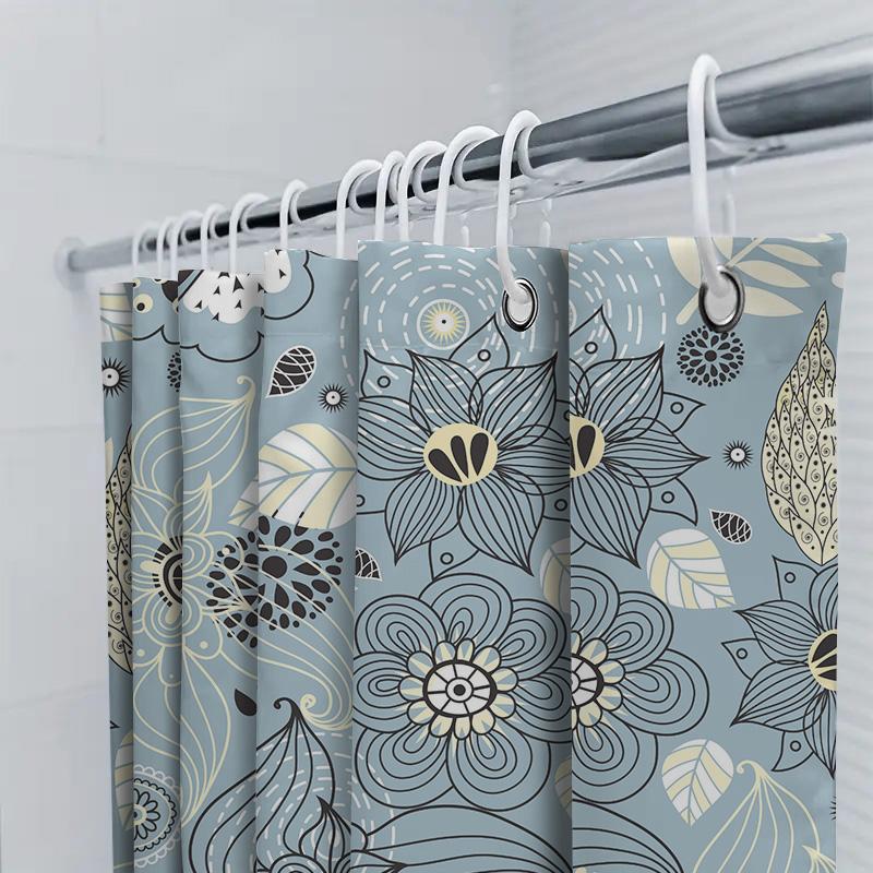 Blue Bathroom Shower Curtain With Floral Design Modern Home Decor For Bathtub Washable Fabric Various Sizes Available