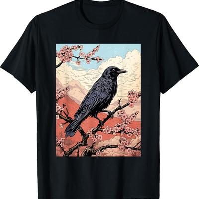 Woodblock Vintage Art Raven Cherry Blossom T-Shirt