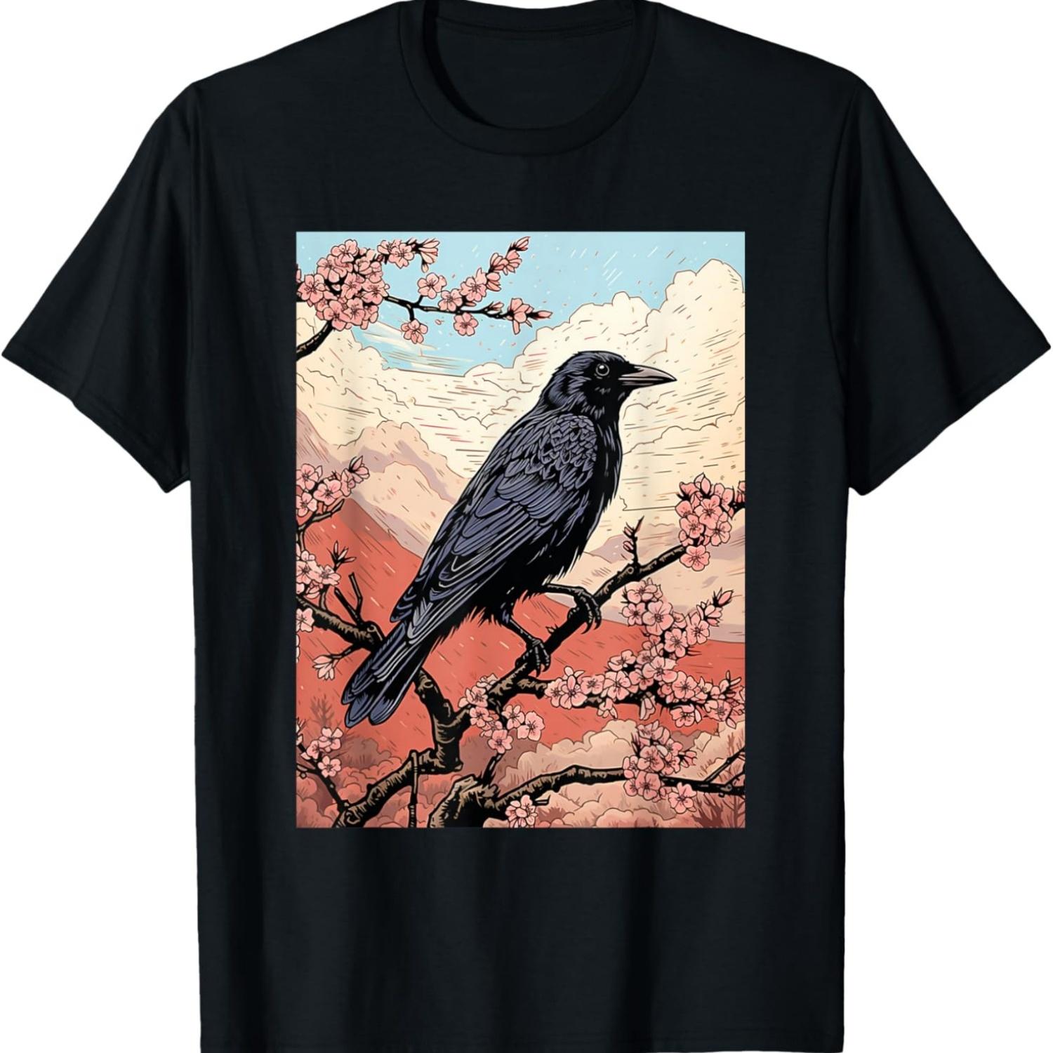 Woodblock Vintage  Art Raven Cherry Blossom T-Shirt S чёрный