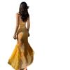 Sexy Premium Yellow Bell Vacation Print Elastic Slim Skinny Splicing Fishtail Suspender Dress