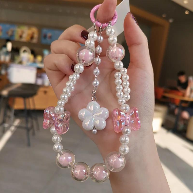 Mobile Phone Lanyard Short Style Wrist Pendant Pearl Chain Bow Flower Pendant Decoration Universal Phone Case Anti Loss Lanyard