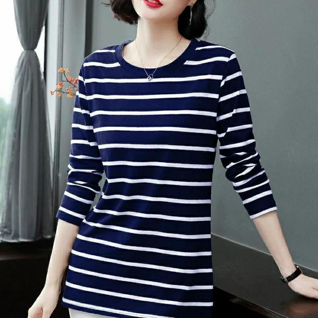 Spring Round Neck Long-sleeved Striped Shirt Women's Fashion Mid-length Ladies Blouse Bottoming Shirt