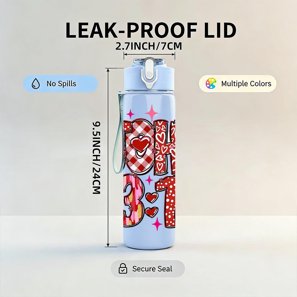 1PC John 3 16 Heart Floral Letter Graphic,750ml Color Plastic Sports Water Bottle,Leakproof Flip Straw Lid,Suitable for Sports Office Home Use