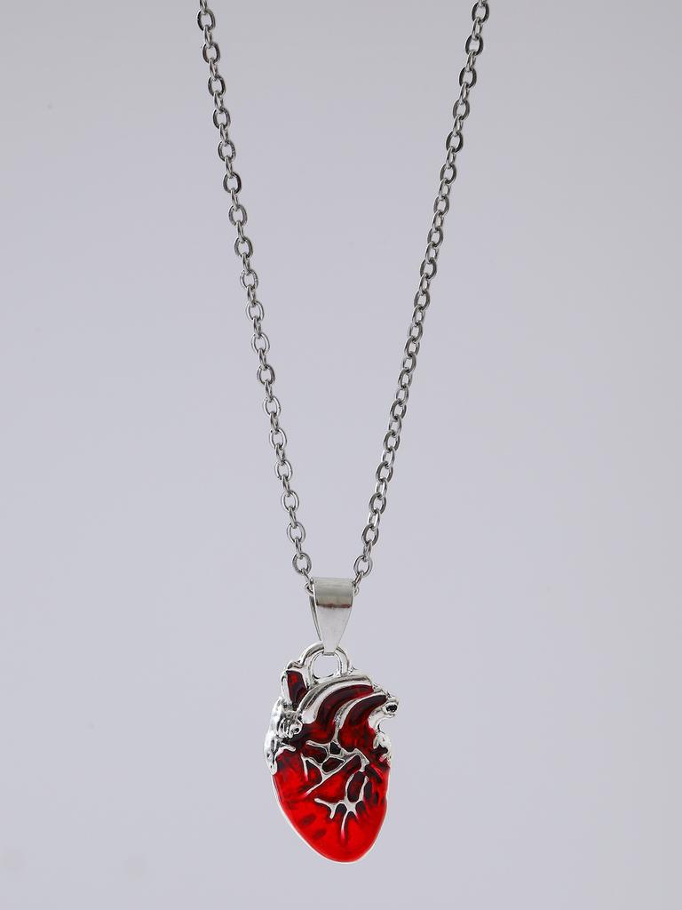 Hip-hop Punk Red Skull Cross Thorny Heart-shaped Pendant Sliver Color Chain Necklace for Women Halloween Party Goth Jewelry Gift