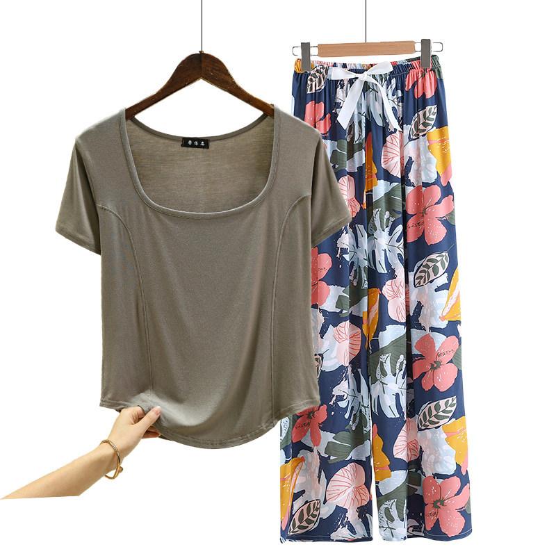 Fashion U Nek Tshirt and Floral Wide leg pants Summer fashion homewear 2pcs suit Loose Casual pajamas set comfort loungewear plus size
