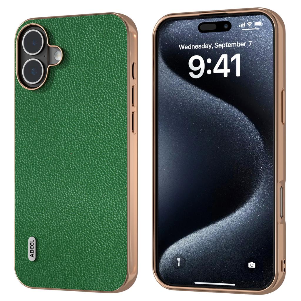 ABEEL For iPhone 16 Case Genuine Cow Leather+PC+TPU Electroplating Phone Cover
