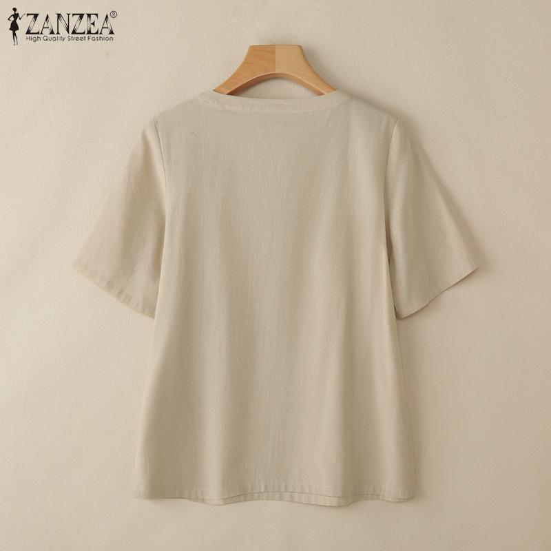 ZANZEA Women Casual V-Neck Solid Color Loose Short Sleeve Blouse