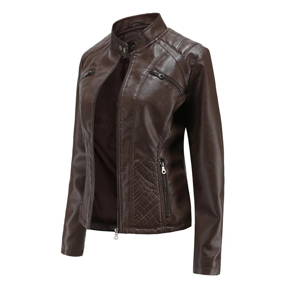 Women s Casual Faux Leather Jacket Stand Collar Slim Fit Color Coat L