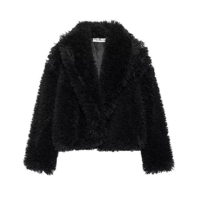 

Twilight Tango Advanced Temperament Winter Lapel Imitation Fur Warm Short coat Lazy Style All-Match Fur Top Black L